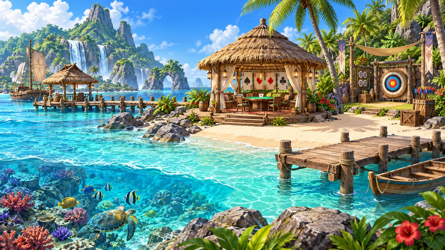 Promotional illustration of a tropical island with a dock, archery range and card club