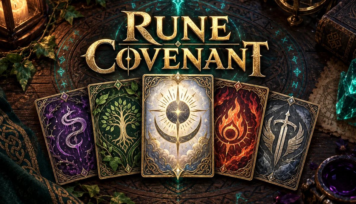 Rune Covenant fantasy card game key art showing five faction cards