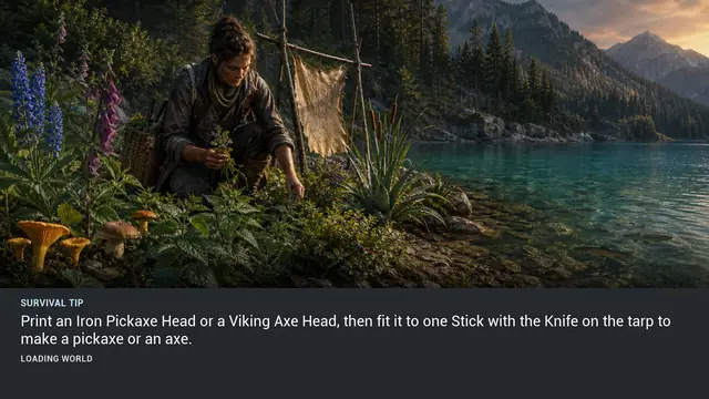 Minus Zero loading-screen illustration for: Print an Iron Pickaxe Head or a Viking Axe Head, then fit it to one Stick with the Knife on the tarp to make a pickaxe or an axe.