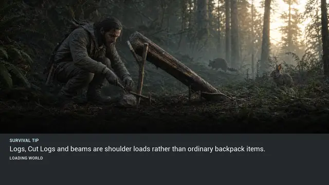 Minus Zero loading-screen illustration for: Logs, Cut Logs and beams are shoulder loads rather than ordinary backpack items.