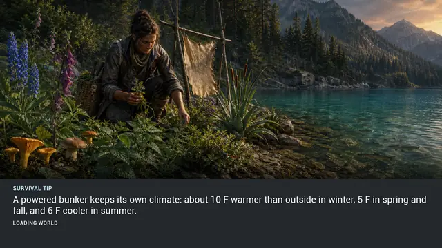 Minus Zero loading-screen illustration for: A powered bunker keeps its own climate: about 10 F warmer than outside in winter, 5 F in spring and fall, and 6 F cooler in summer.