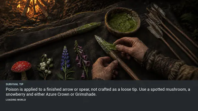 Minus Zero loading-screen illustration for: Poison is applied to a finished arrow or spear, not crafted as a loose tip. Use a spotted mushroom, a snowberry and either Azure Crown or Grimshade.