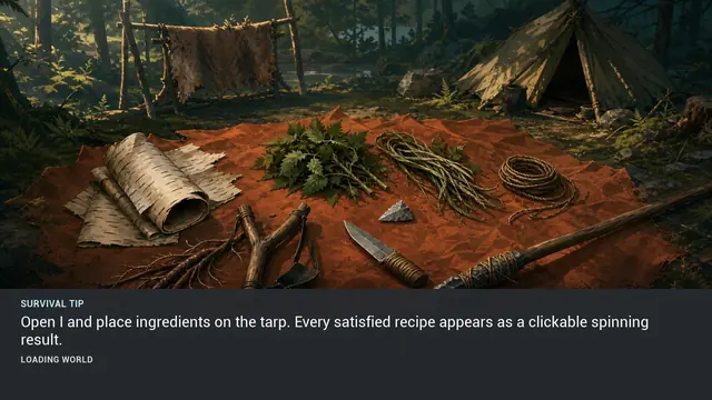 Minus Zero loading-screen illustration for: Open I and place ingredients on the tarp. Every satisfied recipe appears as a clickable spinning result.