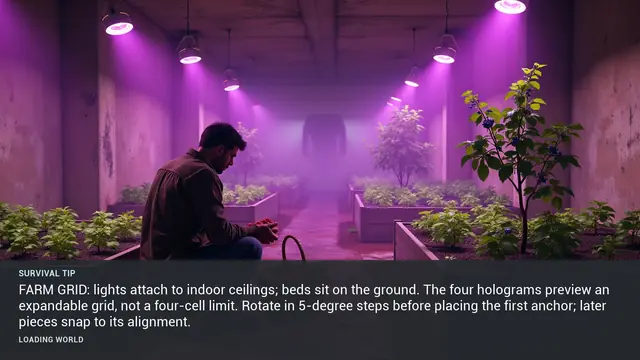 Minus Zero loading-screen illustration for: FARM GRID: lights attach to indoor ceilings; beds sit on the ground. The four holograms preview an expandable grid, not a four-cell limit. Rotate in 5-degree steps before placing the first anchor; later pieces snap to its alignment.