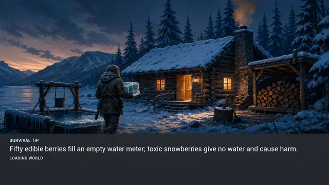 Minus Zero loading-screen illustration for: Fifty edible berries fill an empty water meter; toxic snowberries give no water and cause harm.