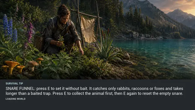 Minus Zero loading-screen illustration for: SNARE FUNNEL: press E to set it without bait. It catches only rabbits, raccoons or foxes and takes longer than a baited trap. Press E to collect the animal first, then E again to reset the empty snare.