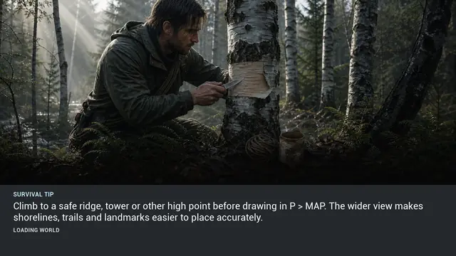 Minus Zero loading-screen illustration for: Climb to a safe ridge, tower or other high point before drawing in P > MAP. The wider view makes shorelines, trails and landmarks easier to place accurately.