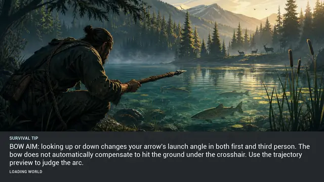 Minus Zero loading-screen illustration for: BOW AIM: looking up or down changes your arrow's launch angle in both first and third person. The bow does not automatically compensate to hit the ground under the crosshair. Use the trajectory preview to judge the arc.