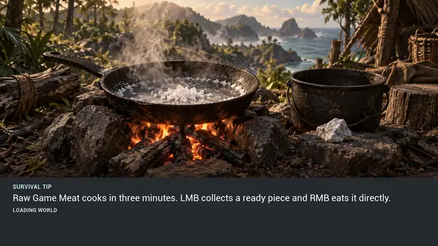 Minus Zero loading-screen illustration for: Raw Game Meat cooks in three minutes. LMB collects a ready piece and RMB eats it directly.