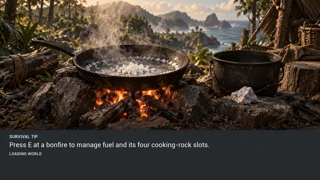 Minus Zero loading-screen illustration for: Press E at a bonfire to manage fuel and its four cooking-rock slots.
