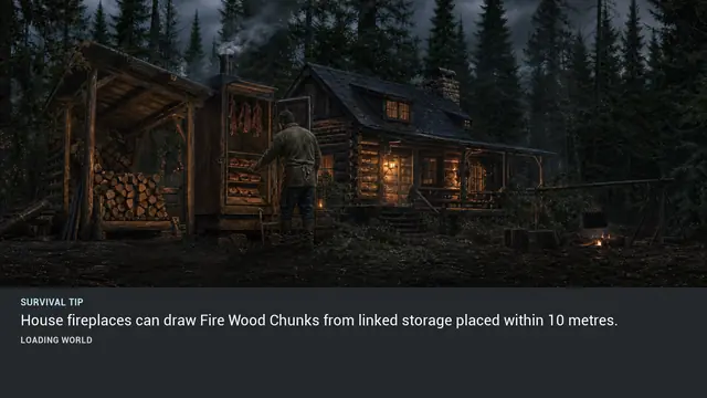 Minus Zero loading-screen illustration for: House fireplaces can draw Fire Wood Chunks from linked storage placed within 10 metres.