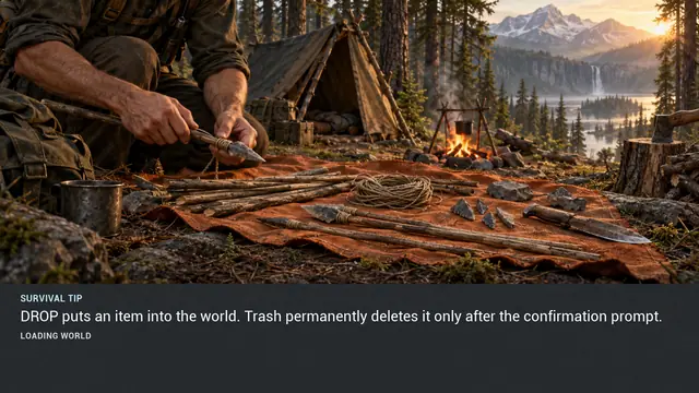 Minus Zero loading-screen illustration for: DROP puts an item into the world. Trash permanently deletes it only after the confirmation prompt.