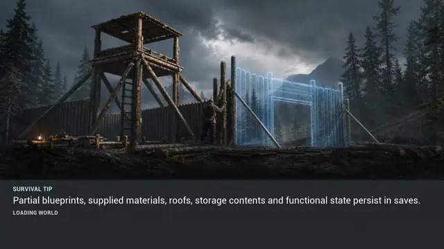 Minus Zero loading-screen illustration for: Partial blueprints, supplied materials, roofs, storage contents and functional state persist in saves.
