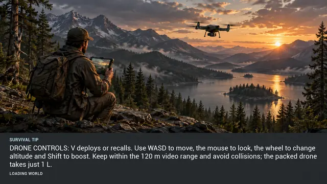 Minus Zero loading-screen illustration for: DRONE CONTROLS: V deploys or recalls. Use WASD to move, the mouse to look, the wheel to change altitude and Shift to boost. Keep within the 120 m video range and avoid collisions; the packed drone takes just 1 L.