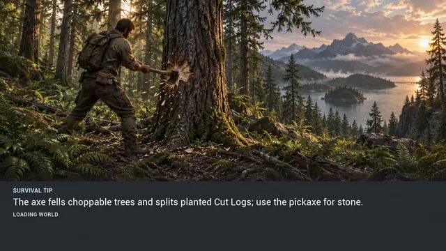 Minus Zero loading-screen illustration for: The axe fells choppable trees and splits planted Cut Logs; use the pickaxe for stone.