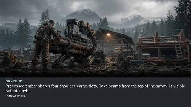 Minus Zero loading-screen illustration for: Processed timber shares four shoulder-cargo slots. Take beams from the top of the sawmill's visible output stack.