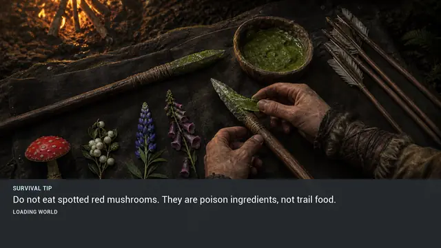 Minus Zero loading-screen illustration for: Do not eat spotted red mushrooms. They are poison ingredients, not trail food.