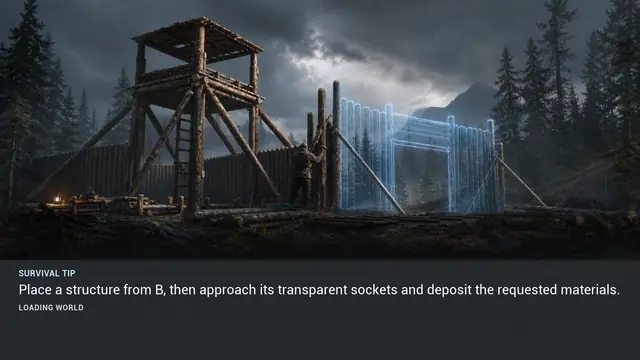 Minus Zero loading-screen illustration for: Place a structure from B, then approach its transparent sockets and deposit the requested materials.