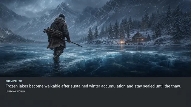 Minus Zero loading-screen illustration for: Frozen lakes become walkable after sustained winter accumulation and stay sealed until the thaw.