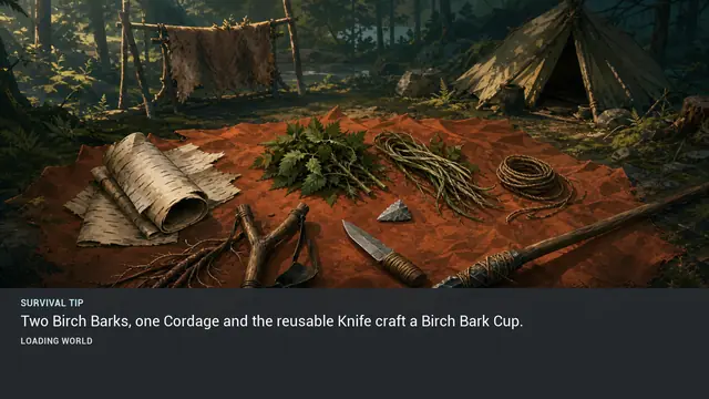 Minus Zero loading-screen illustration for: Two Birch Barks, one Cordage and the reusable Knife craft a Birch Bark Cup.