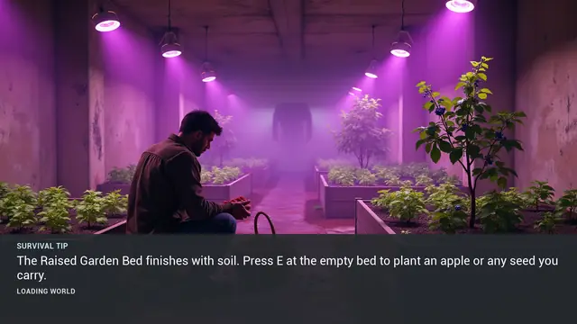 Minus Zero loading-screen illustration for: The Raised Garden Bed finishes with soil. Press E at the empty bed to plant an apple or any seed you carry.