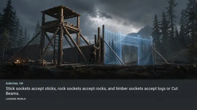 Minus Zero loading-screen illustration for: Stick sockets accept sticks, rock sockets accept rocks, and timber sockets accept logs or Cut Beams.