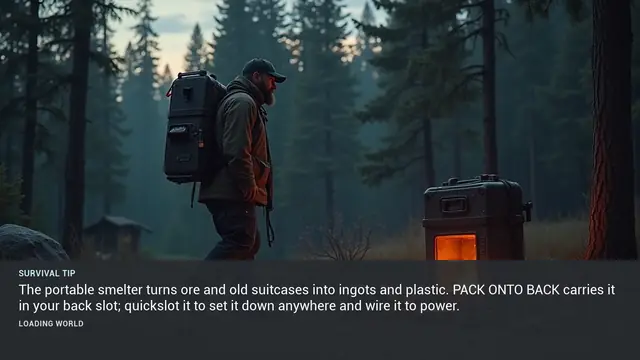 Minus Zero loading-screen illustration for: The portable smelter turns ore and old suitcases into ingots and plastic. PACK ONTO BACK carries it in your back slot; quickslot it to set it down anywhere and wire it to power.