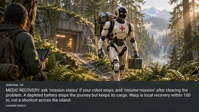 Minus Zero loading-screen illustration for: MEDIC RECOVERY: ask 'mission status' if your robot stops, and 'resume mission' after clearing the problem. A depleted battery stops the journey but keeps its cargo. Warp is local recovery within 100 m, not a shortcut across the island.