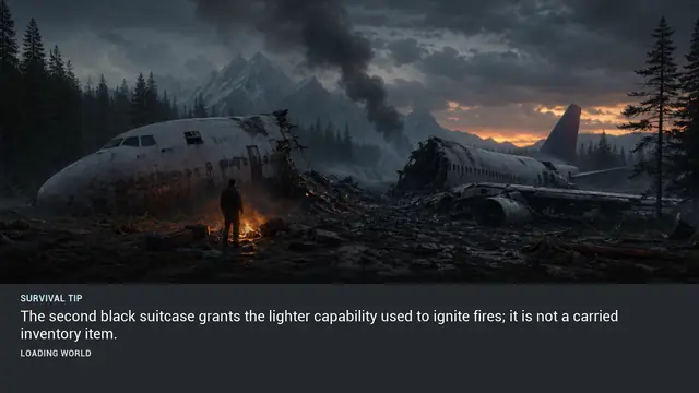 Minus Zero loading-screen illustration for: The second black suitcase grants the lighter capability used to ignite fires; it is not a carried inventory item.