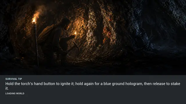 Minus Zero loading-screen illustration for: Hold the torch's hand button to ignite it; hold again for a blue ground hologram, then release to stake it.