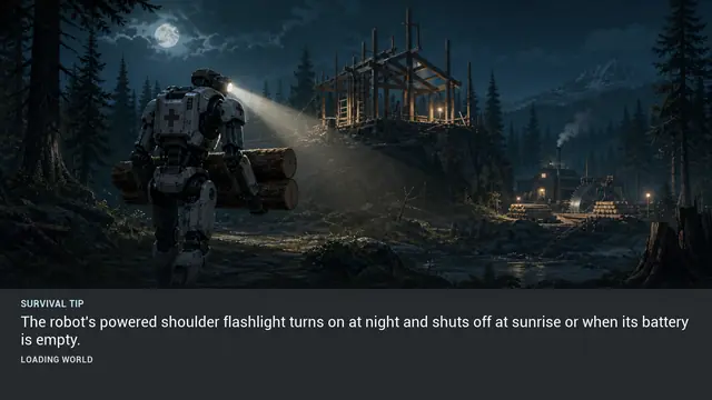 Minus Zero loading-screen illustration for: The robot's powered shoulder flashlight turns on at night and shuts off at sunrise or when its battery is empty.