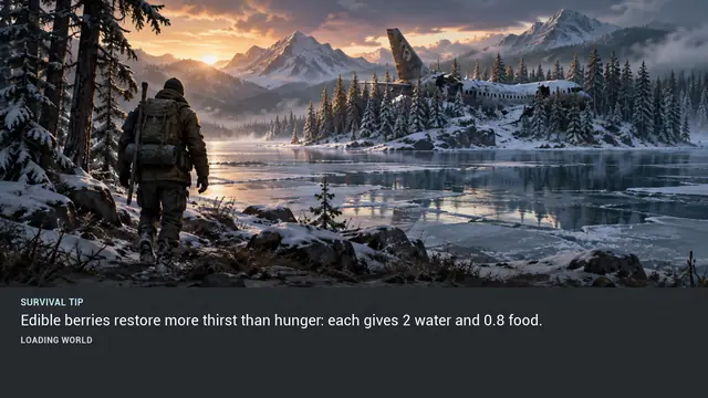 Minus Zero loading-screen illustration for: Edible berries restore more thirst than hunger: each gives 2 water and 0.8 food.