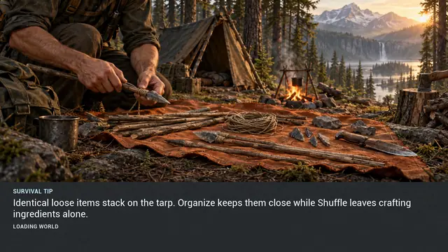 Minus Zero loading-screen illustration for: Identical loose items stack on the tarp. Organize keeps them close while Shuffle leaves crafting ingredients alone.