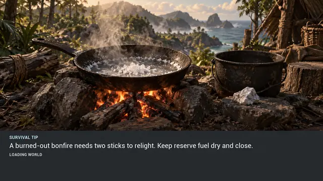 Minus Zero loading-screen illustration for: A burned-out bonfire needs two sticks to relight. Keep reserve fuel dry and close.