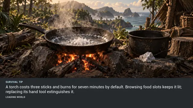 Minus Zero loading-screen illustration for: A torch costs three sticks and burns for seven minutes by default. Browsing food slots keeps it lit; replacing its hand tool extinguishes it.
