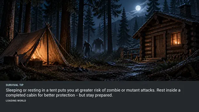 Minus Zero loading-screen illustration for: Sleeping or resting in a tent puts you at greater risk of zombie or mutant attacks. Rest inside a completed cabin for better protection - but stay prepared.