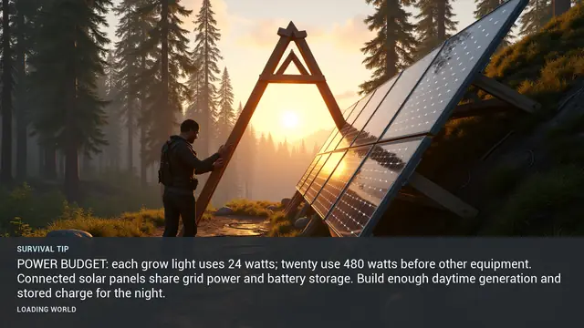 Minus Zero loading-screen illustration for: POWER BUDGET: each grow light uses 24 watts; twenty use 480 watts before other equipment. Connected solar panels share grid power and battery storage. Build enough daytime generation and stored charge for the night.