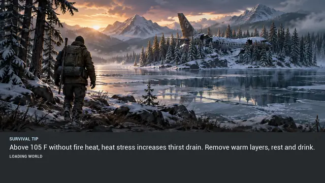 Minus Zero loading-screen illustration for: Above 105 F without fire heat, heat stress increases thirst drain. Remove warm layers, rest and drink.