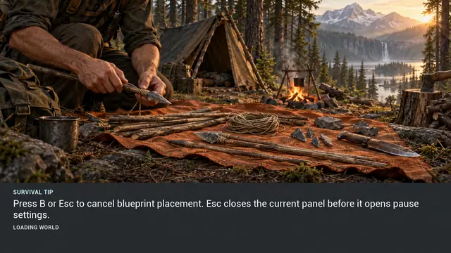 Minus Zero loading-screen illustration for: Press B or Esc to cancel blueprint placement. Esc closes the current panel before it opens pause settings.