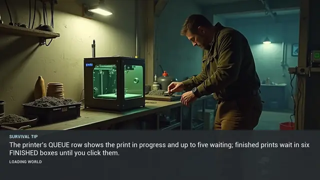 Minus Zero loading-screen illustration for: The printer's QUEUE row shows the print in progress and up to five waiting; finished prints wait in six FINISHED boxes until you click them.