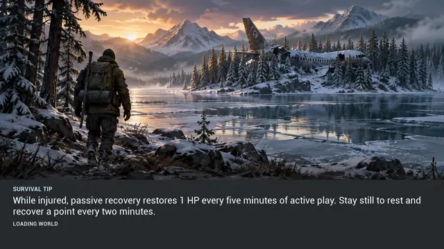 Minus Zero loading-screen illustration for: While injured, passive recovery restores 1 HP every five minutes of active play. Stay still to rest and recover a point every two minutes.