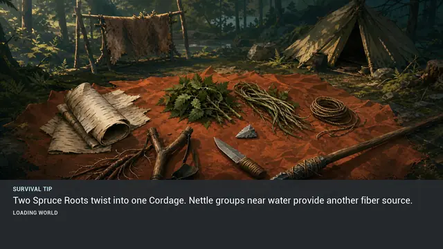 Minus Zero loading-screen illustration for: Two Spruce Roots twist into one Cordage. Nettle groups near water provide another fiber source.