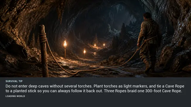 Minus Zero loading-screen illustration for: Do not enter deep caves without several torches. Plant torches as light markers, and tie a Cave Rope to a planted stick so you can always follow it back out. Three Ropes braid one 300-foot Cave Rope.