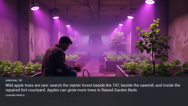 Minus Zero loading-screen illustration for: Wild apple trees are rare: search the starter forest beside the 747, beside the sawmill, and inside the repaired fort courtyard. Apples can grow more trees in Raised Garden Beds.