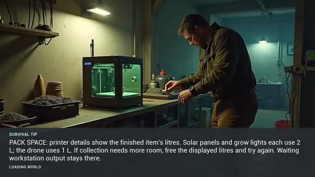 Minus Zero loading-screen illustration for: PACK SPACE: printer details show the finished item's litres. Solar panels and grow lights each use 2 L; the drone uses 1 L. If collection needs more room, free the displayed litres and try again. Waiting workstation output stays there.