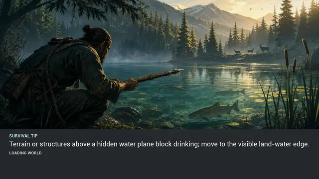 Minus Zero loading-screen illustration for: Terrain or structures above a hidden water plane block drinking; move to the visible land-water edge.