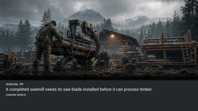 Minus Zero loading-screen illustration for: A completed sawmill needs its saw blade installed before it can process timber.