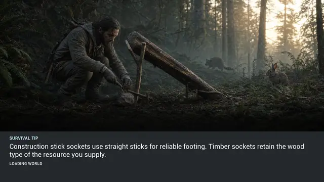 Minus Zero loading-screen illustration for: Construction stick sockets use straight sticks for reliable footing. Timber sockets retain the wood type of the resource you supply.