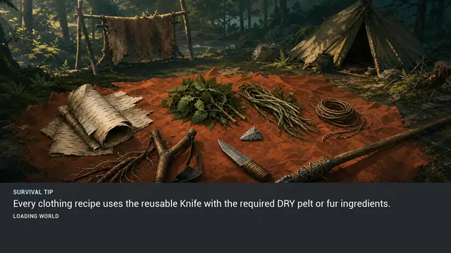 Minus Zero loading-screen illustration for: Every clothing recipe uses the reusable Knife with the required DRY pelt or fur ingredients.