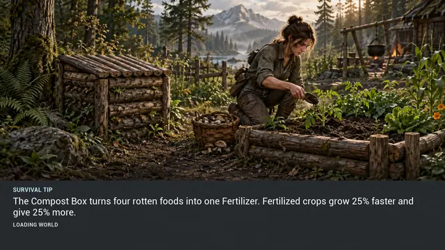 Minus Zero loading-screen illustration for: The Compost Box turns four rotten foods into one Fertilizer. Fertilized crops grow 25% faster and give 25% more.